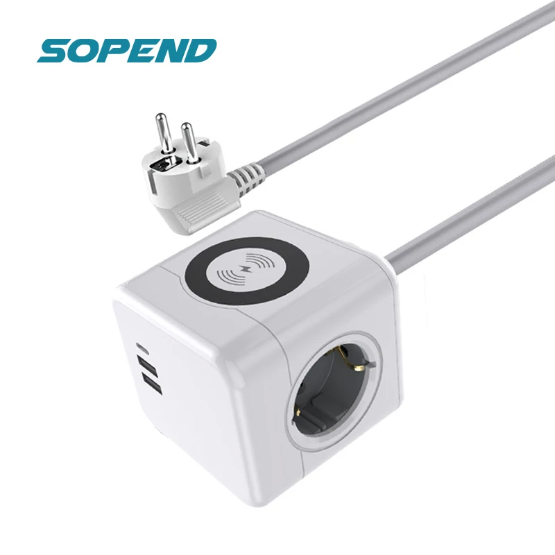 

Sopend Powercube EU Power Strip with 2 USB Type C Port 15W Wireless Charger Socket 1.5M Extension Cable Multiple Electric Outlet