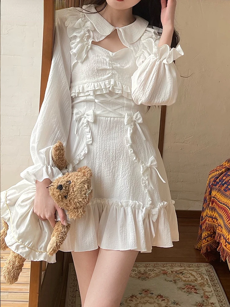 

Белое платье сладкой Лолиты в Корейском стиле, женское милое мини-платье с бантом, женское летнее платье принцессы в японском стиле на бретелях, 2022
