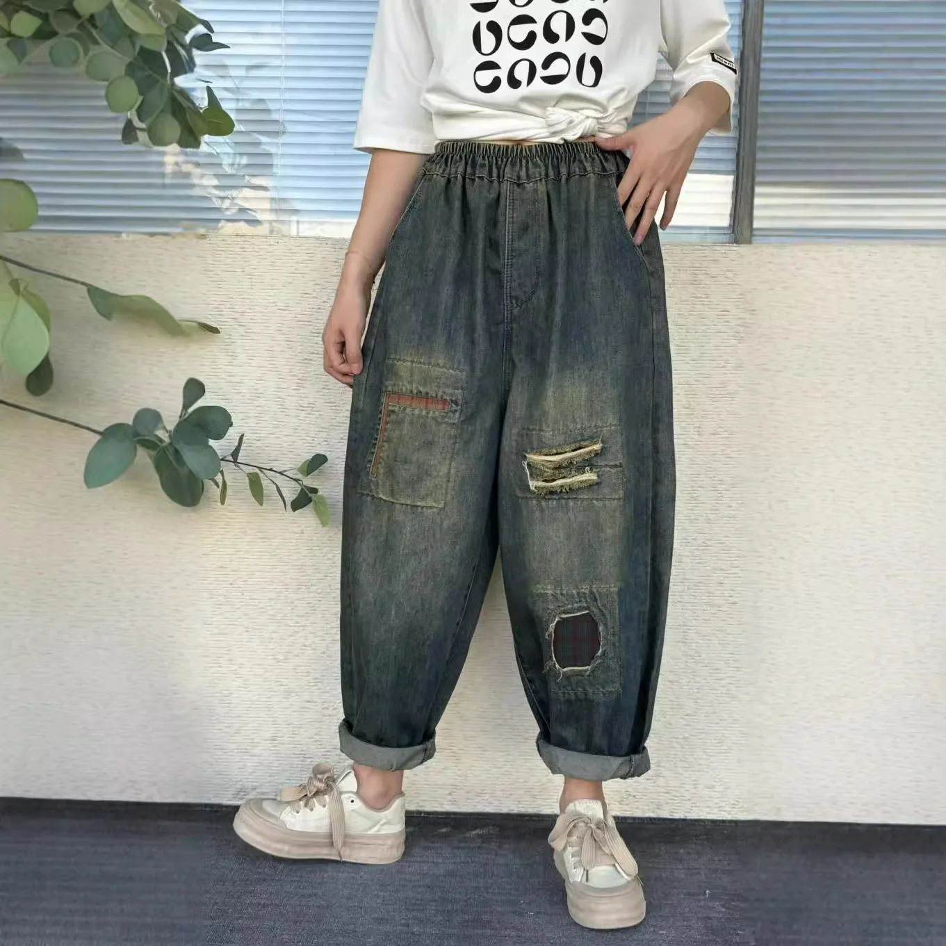 Брюки-султанки женские рваные в этническом стиле свободные джинсовые штаны