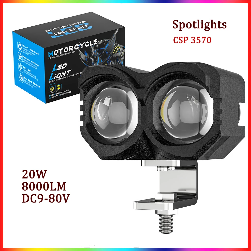 

1PC Motorcycle Spotlights Headlight CSP 3570 8000LM 20W 12V 24V LED Two-Color White+Yellow Spot Lights Waterproof Working Lamp