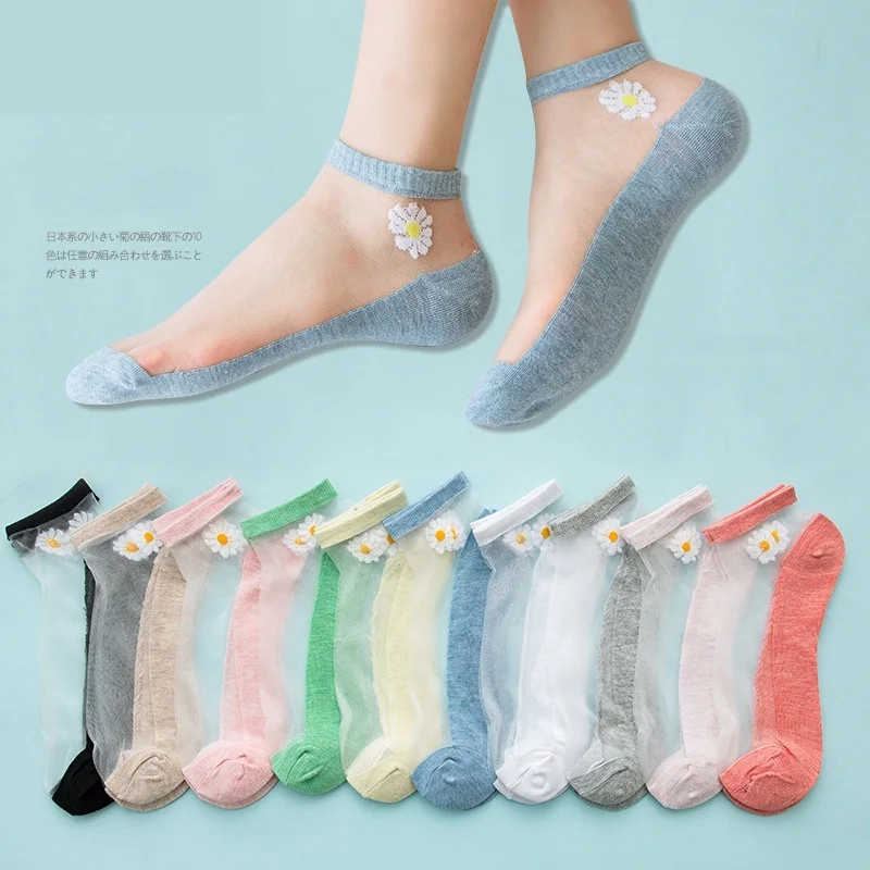

Hot Sale 5Pairs/Lot Summer Woman Socks Ankle Ultra-thin Silk Transparent Cass Glass Fiber Fashion Daisy Flower Harajuku Cute