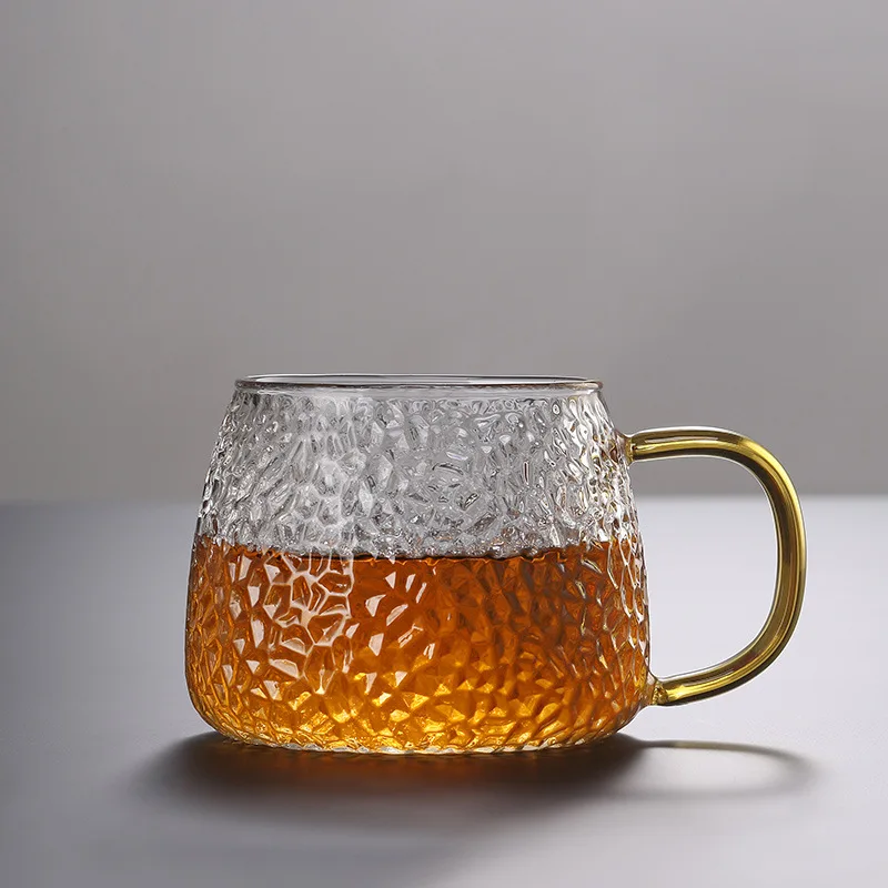 

Fresh Imitation Ice Texture Glass Cup with Yellow Handle Hot or Iced Water Mug 420ml or 360ml BL030