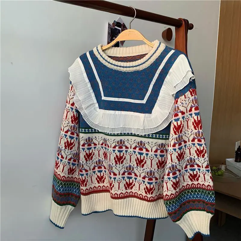 

Ruffles Patchwork O-Neck Pullovers Knitted Sweater Women Long Sleeve Casual Vintage Korean Elegant Lady Jumper Autumn Winter Top