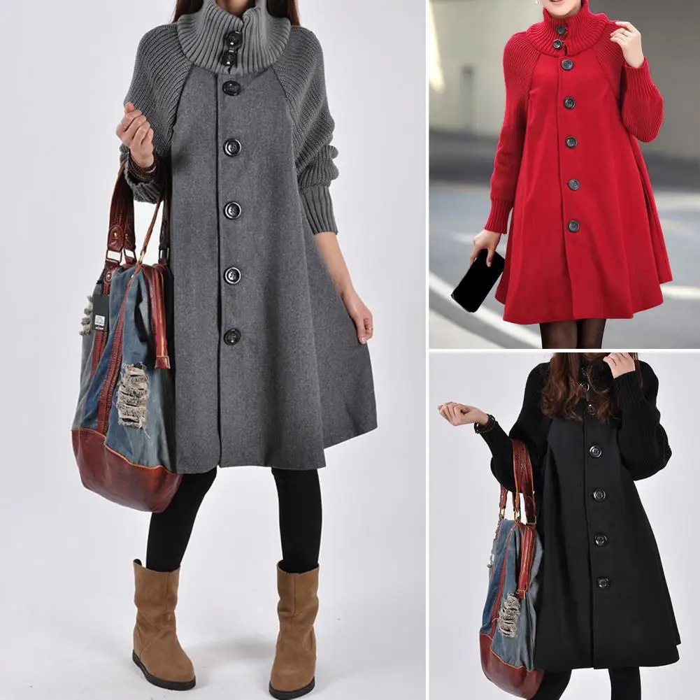 

Женское однобортное пальто трапециевидной формы, свободное осеннее однотонное пальто с высоким воротником и большими пуговицами для работ...