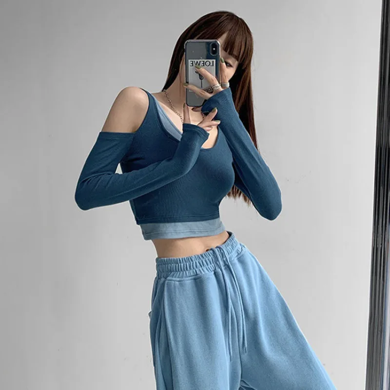 

Sexy Patchwork Long Sleeve T-shirts Hollow Out Women Slim Fashion Crop Tops Hot Girls Irregular Off-shoulder T Shirt for Women