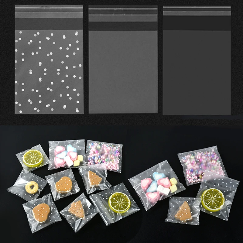 

100Pcs Plastic Polka Dot Transparent Frosted Cellophane Bags Multi-Sizes Candy Cookie Gift Self Adhesive OPP Bag Packaging Pouch