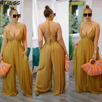 hljgg sexy halter neck hollow out jumpsuits women sleeveless backless wide leg pants playsuits casual solid one piece rompers