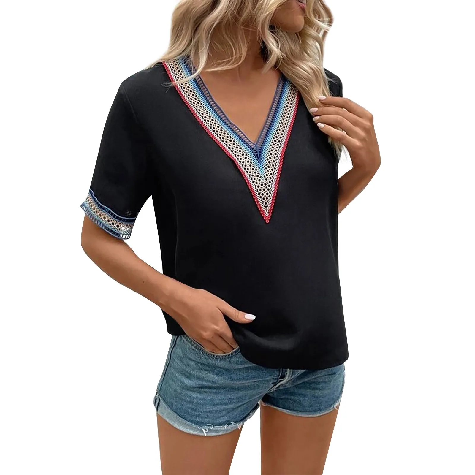 

Women's Summer Lace Short Sleeved V Neck Lace Casual Solid Color T Shirt Shirt Top