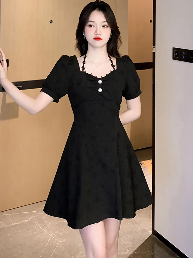 

Summer Black Jacquared Square Collar Mini Dress Women Korean Vintage Hepbuen Dress 2023 Elegant Bodycon Casual Dance Party Dress