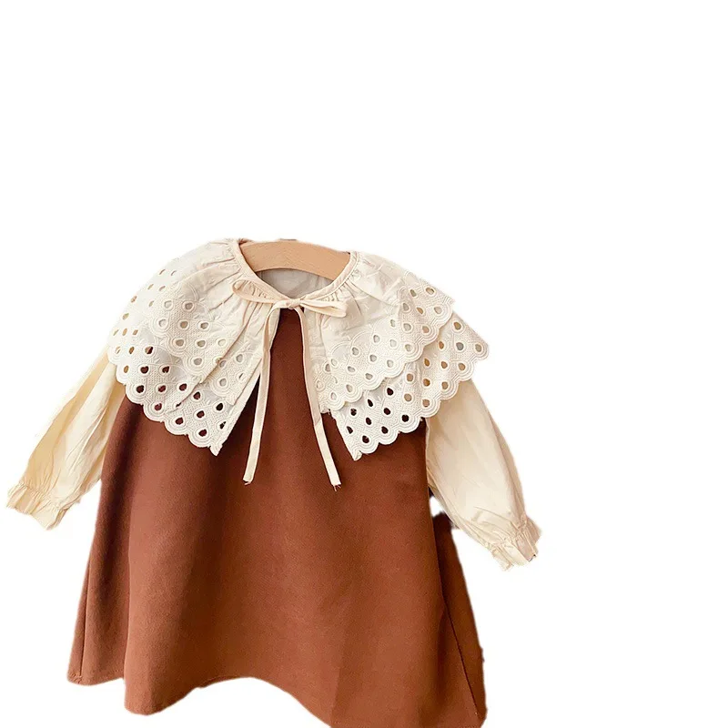 

2023 Sprint Autumn Children Dress For Girl Solid Long Sleeve Lace Princess Clothing Toddler 2-7T Casual Outdoor Korean Clothes