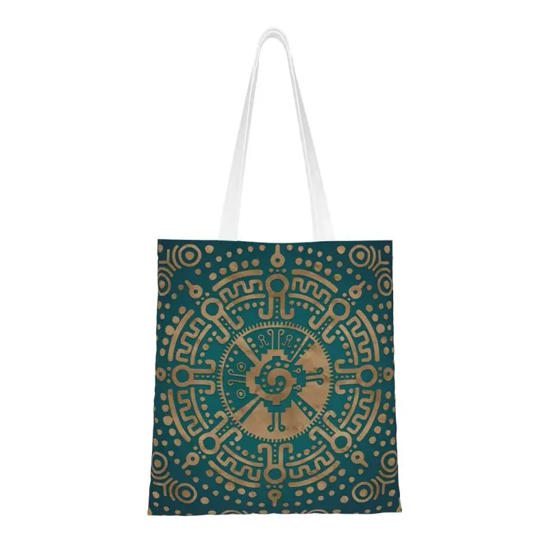 

Recycling Golden Embossed Hunab Ku Mayan Symbol Shopping Bag Women Shoulder Canvas Tote Bag Portable Groceries Shopper Bags