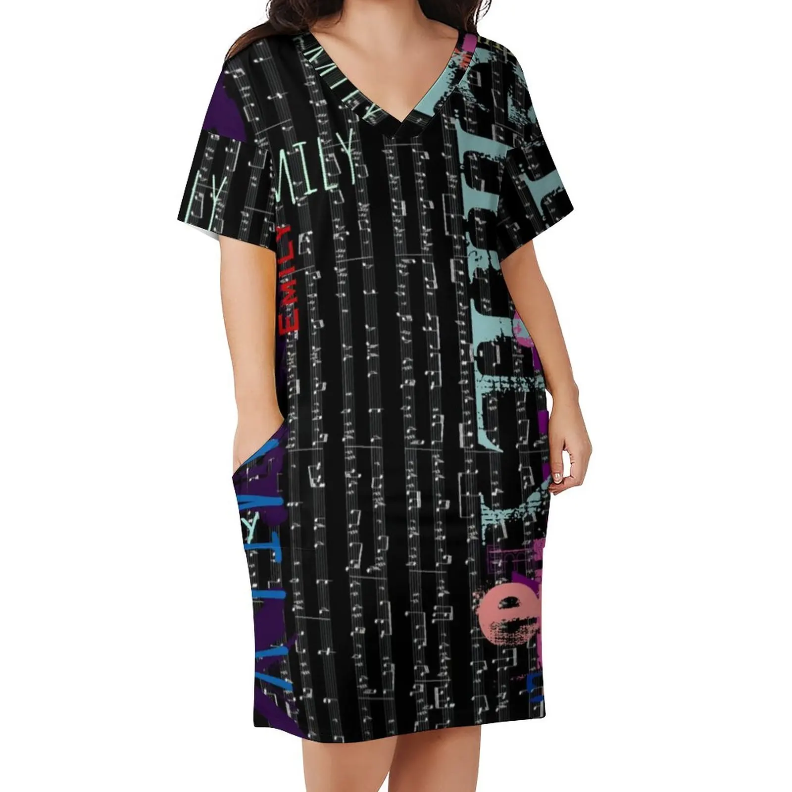 Word Graffiti Dress Plus Size Music Notes Print Street Wear Casual Dress Female Summer V Neck Vintage Dresses Gift Idea