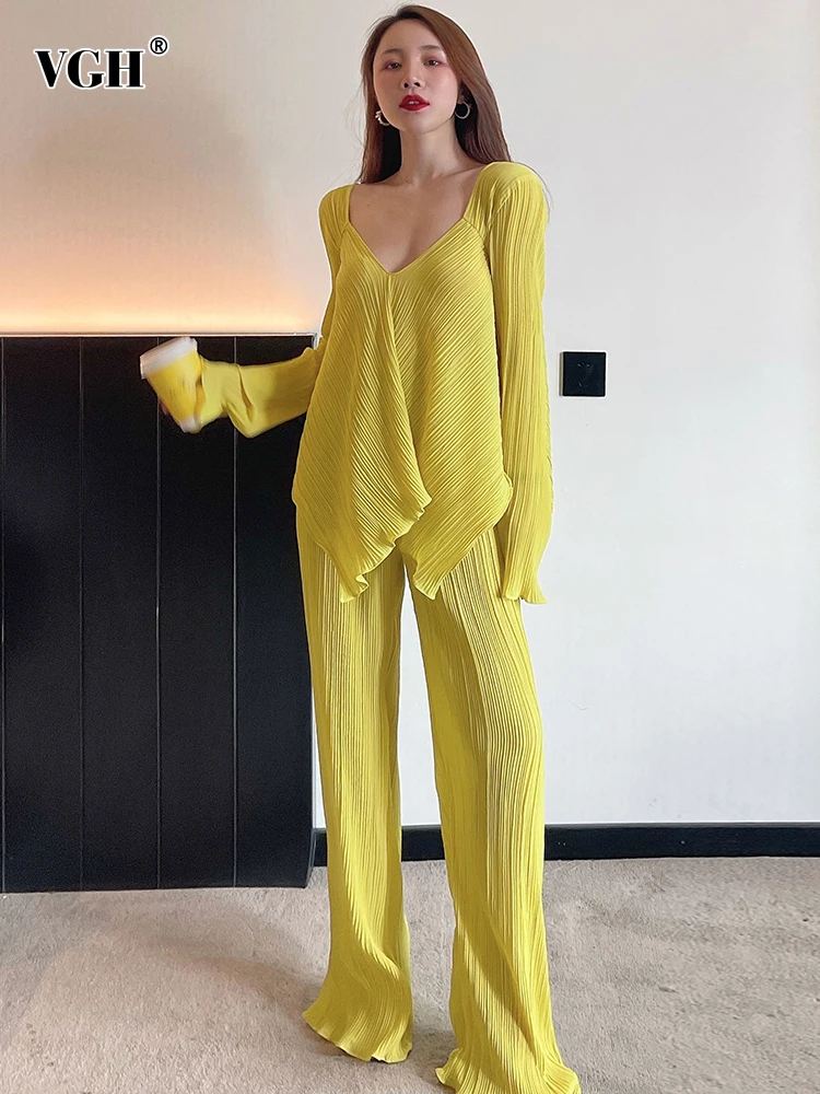 

VGH Casual Solid Two Piece Set For Women V Neck Patchwork Folds Shirts High Waist Loose Long Pant Female Sets Clothing New Style