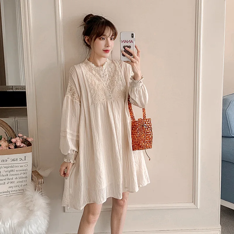 

Maternity Dresses Lace Patchwork A-Line Loose Pregnant Women's Dress Women Elegant Round Collar Long Sleeve Pregnancy Clothes