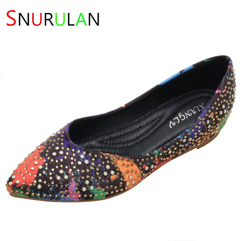 

Ethnic Shoes Female Spring Autumn New Rhinestone Metal Printing Shallow Mouth Pointed Flat Bottom Women's Ballet Shoes 36-42