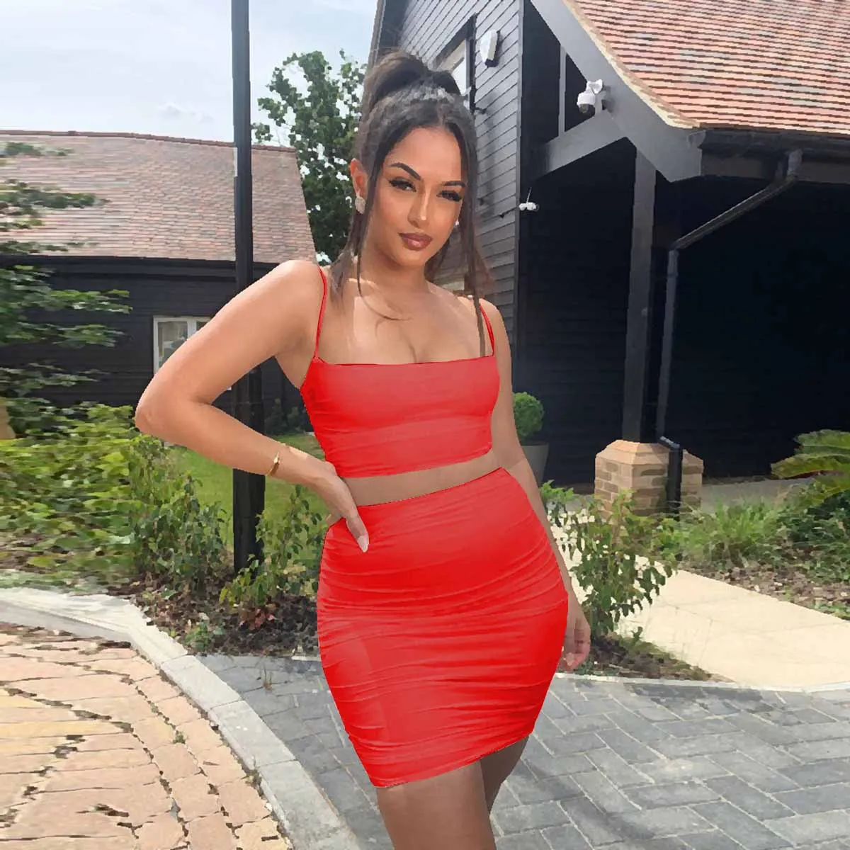 

Neon Color Camisole Shirring Skirt Two Piece Set for Women Summer Skinny Tube Top with High Waist Mini Dress Y2k Party Sets