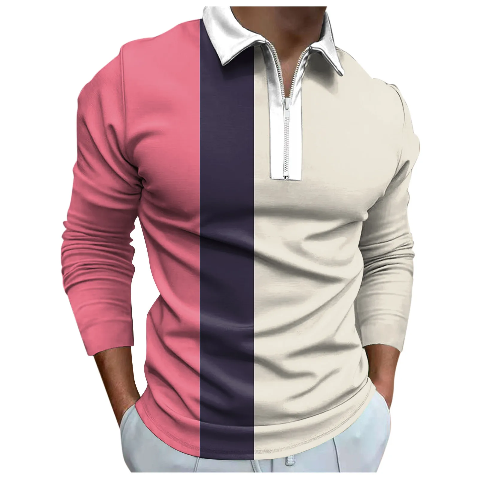 Men Polo Shirts color matching Fashion Loose Lapel Zipper 3D Digital Printing Long Sleeve Top T Shirt Shirt Top men clothing