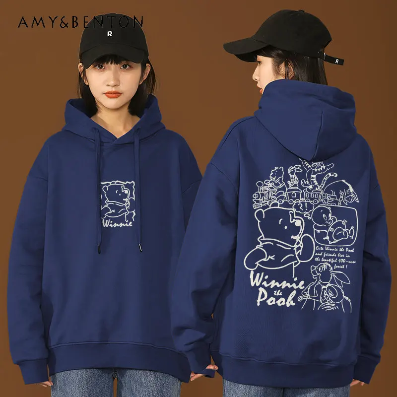 

Cartoon Bear Loose Velvet Padded Hooded Sweatshirt for Women Casual Hoodie Pullover Tops for Ladies High Brand Sweatshirts