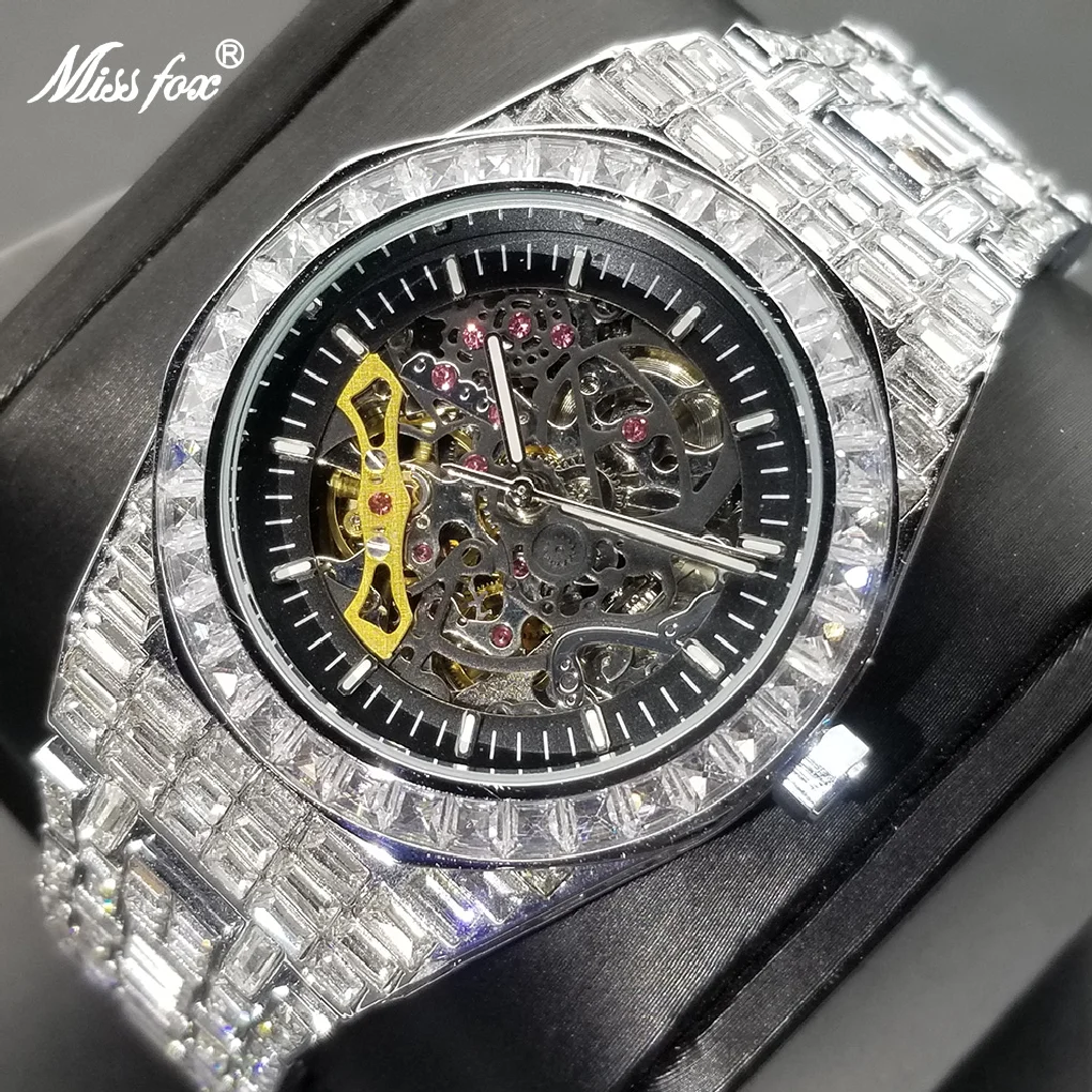 

MISSFOX Luxury Men's Wathes Full Diamond Iced Out Tourbillon Automatic Wristwatch Fashion Classic Hollow Dial Mechanical Clock