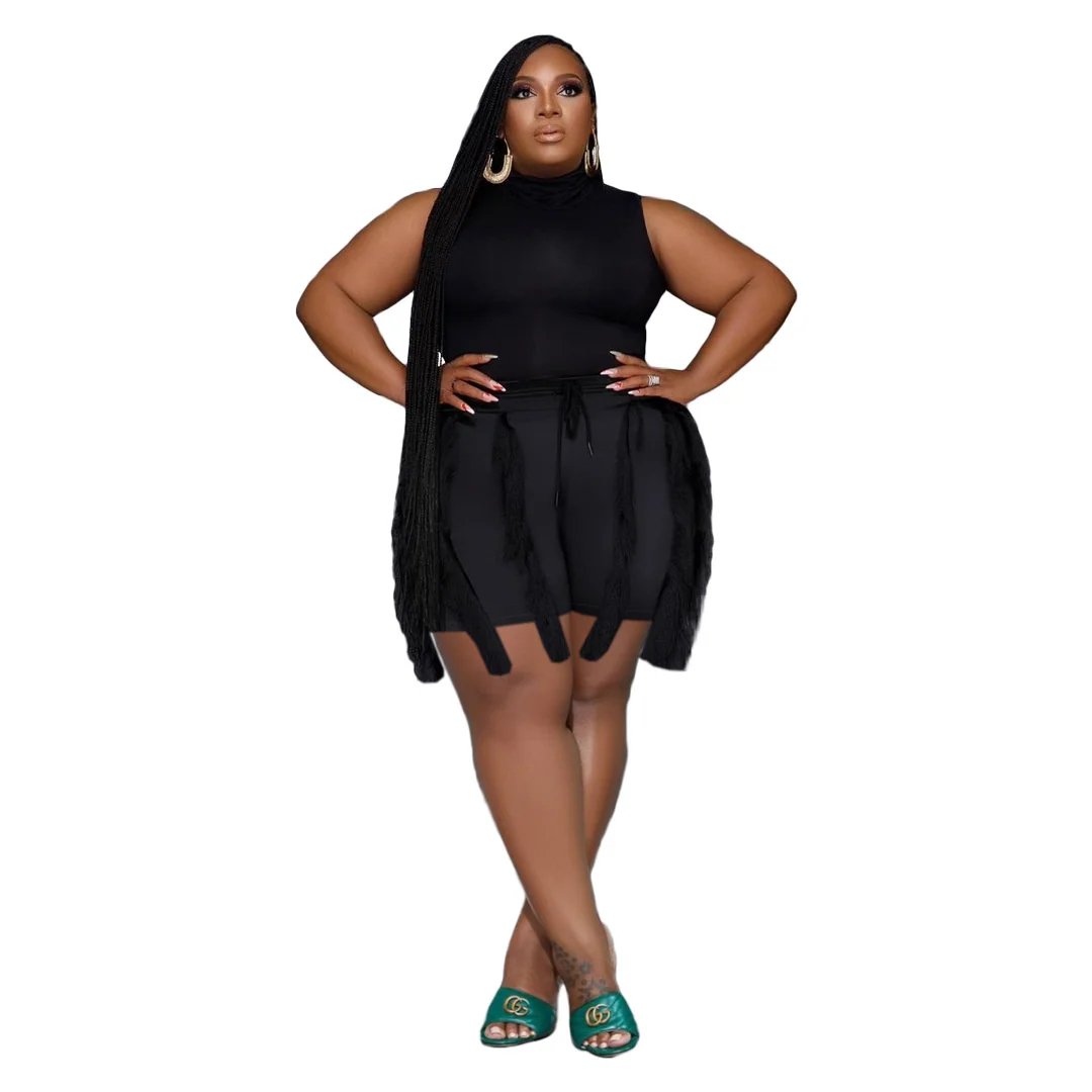 Two-piece Sets Plus Size Women Tassel Shorts Sleeveless Tops Fashion Casual Large Size Solid Color Two-piece Female 2023 Summer