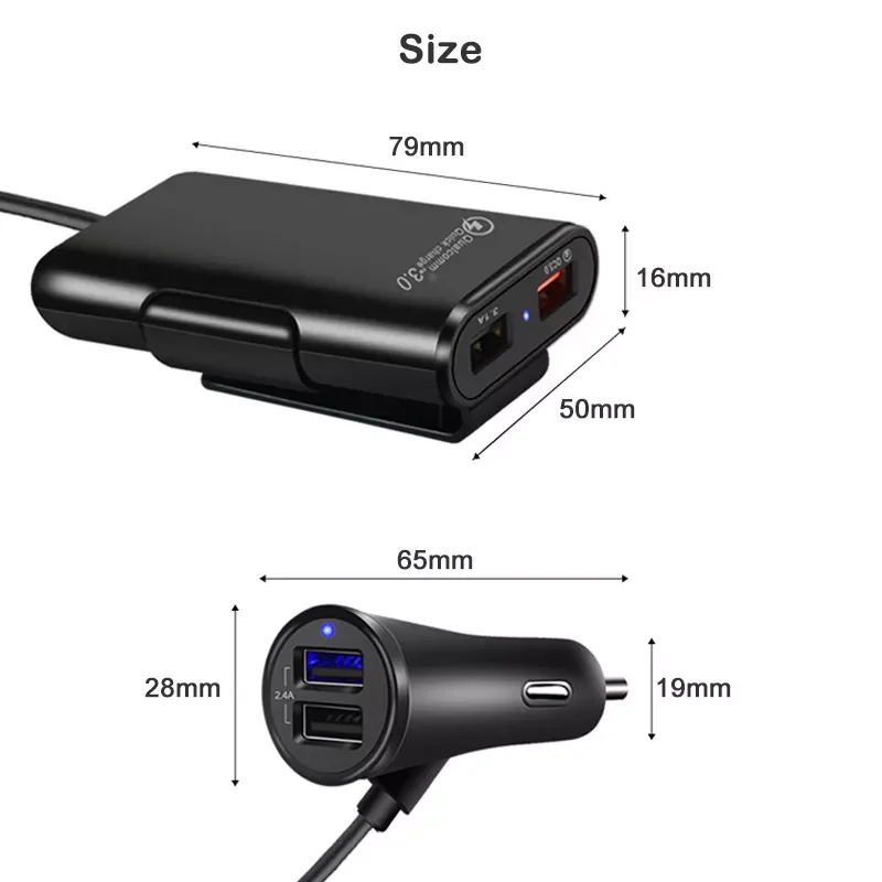 

2022 NEWCar Cigarette Lighter 4 Ports QC3.0+2.4A+3.1A USB Car Charger Universal USB Fast Adapter with 5.6ft Extension Cord Cable