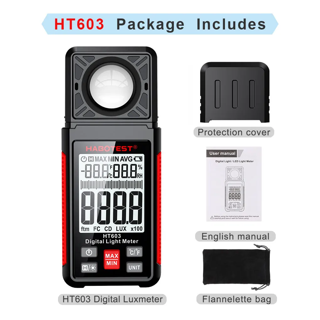 

Digital Illumination Meter High Precision Light Tester Outdoor Measure Gauge Humidity Temperature Portable LCD Display