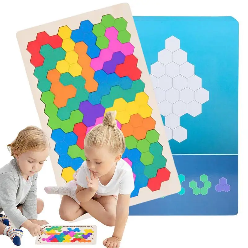 

Wooden Pattern Blocks Colorful Shape Pattern Montessori Toy Brain Teaser Puzzles Hexagon Jigsaw Kindergarten Enlightenment