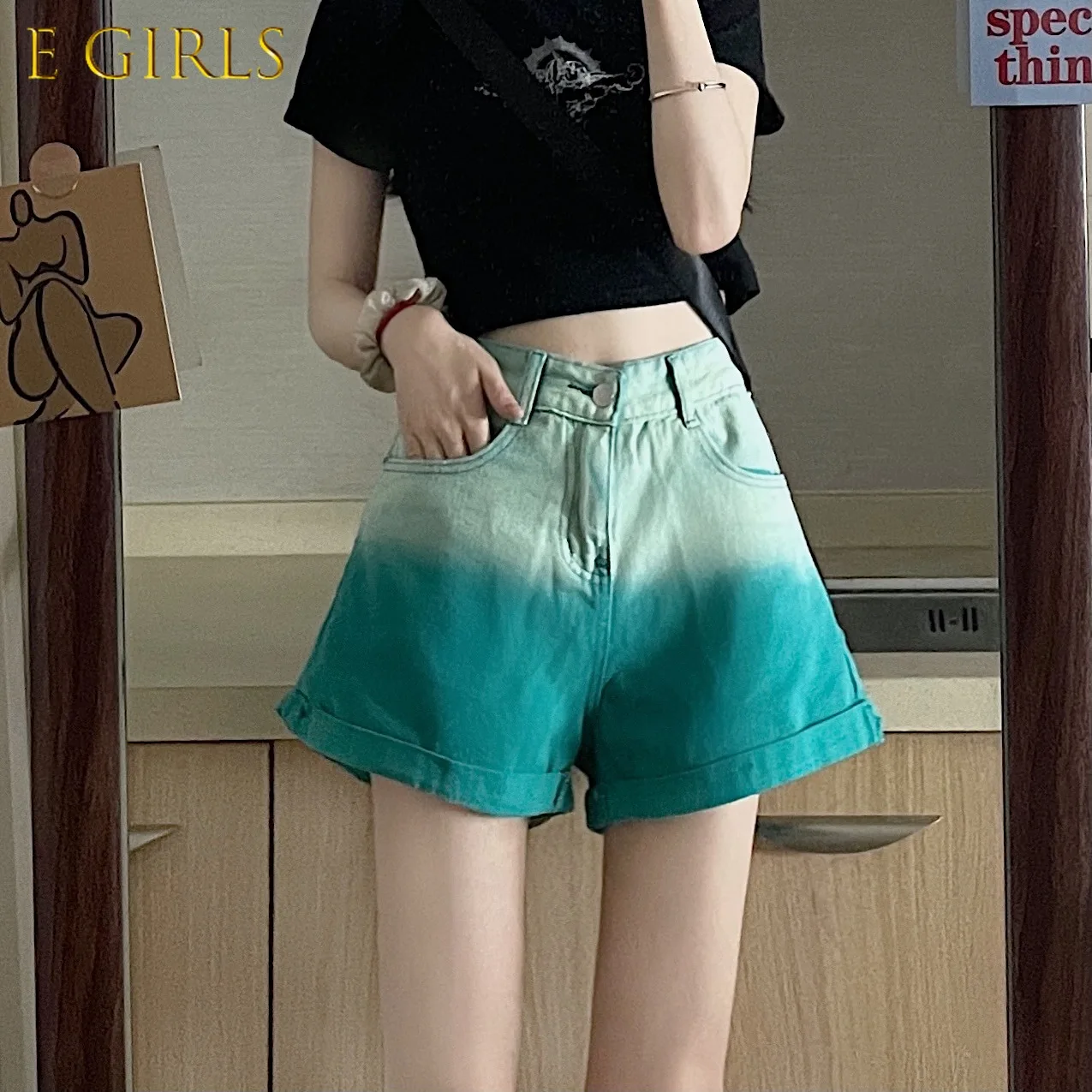Green Gradient Denim Shorts Women Summer High-waist Loose A-line Wide-leg Leisure Streetwear Harajuku Ulzzang Trendy Design Ins