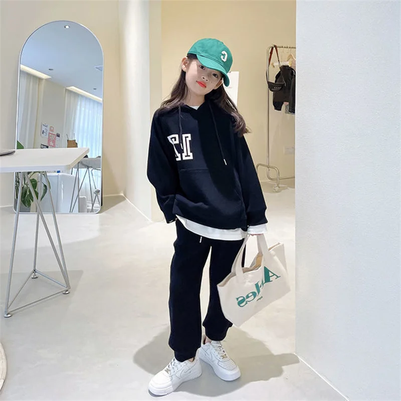 

Комплект одежды для девочек, Осенний детский Модный свитшот с капюшоном и штаны, хлопковый детский спортивный костюм, одежда для подростков...