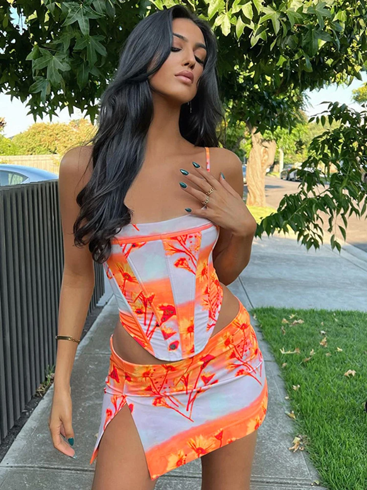 

Two Piece Set Women Print Beach Outfits Sexy Spaghetti Strap Backless Top High Split Mini Skirts Suits 2022 Summer Y2k Clothes
