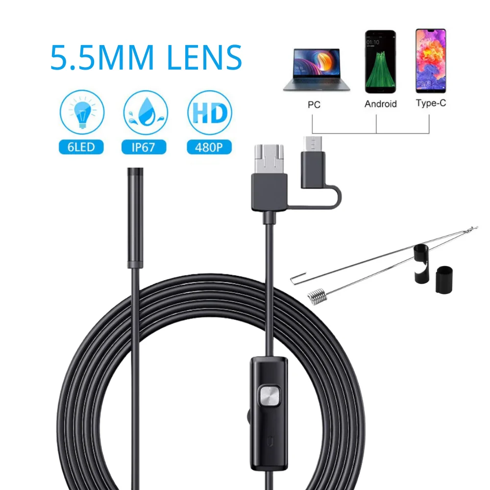 5.5mm 3 in 1 USB Endoscope Type-C Flexible Car Pipe Inspection Borescope Camera with 6 LED Lights for OTG Android Phone PC |