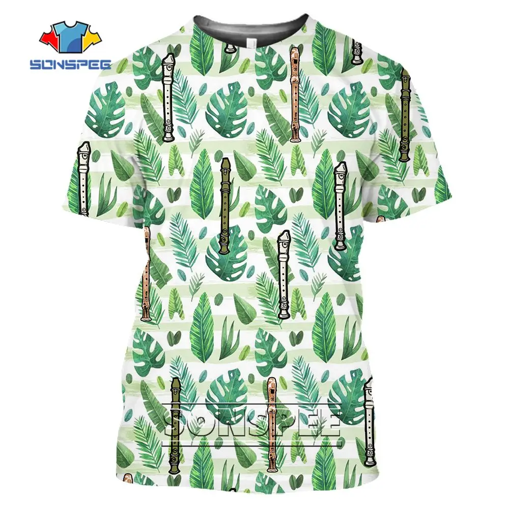 

Classical Musical Instrument Bamboo Flute T Shirt Summer New Arrival Tees Leaves Flowers Print Short Sleeve Casual Trend T-shirt