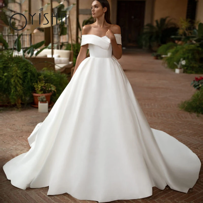 

OYISHA Simple Satin Elegant Wedding Dress For Bride Sexy Off Shoulder V-Neck Bridal Gowns 2023 Charming A-Line Vestidos De Novia