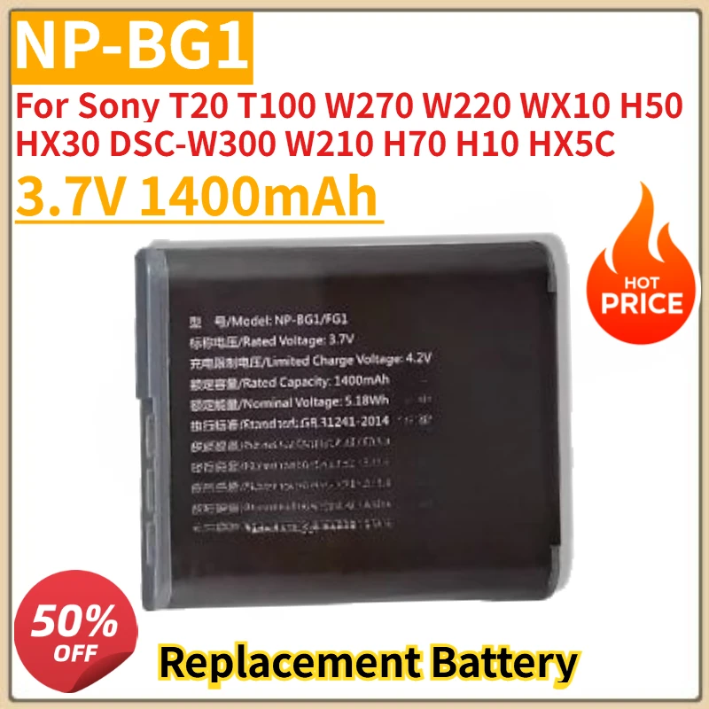 Фото Новый аккумулятор для камеры 3.7V 1400mAh NP-BG1 для Sony T20 T100 W270 W220 WX10 H50 HX30 DSC-W300 W210 H70 H10 HX5C, замена оригинального аккумулятора. №1