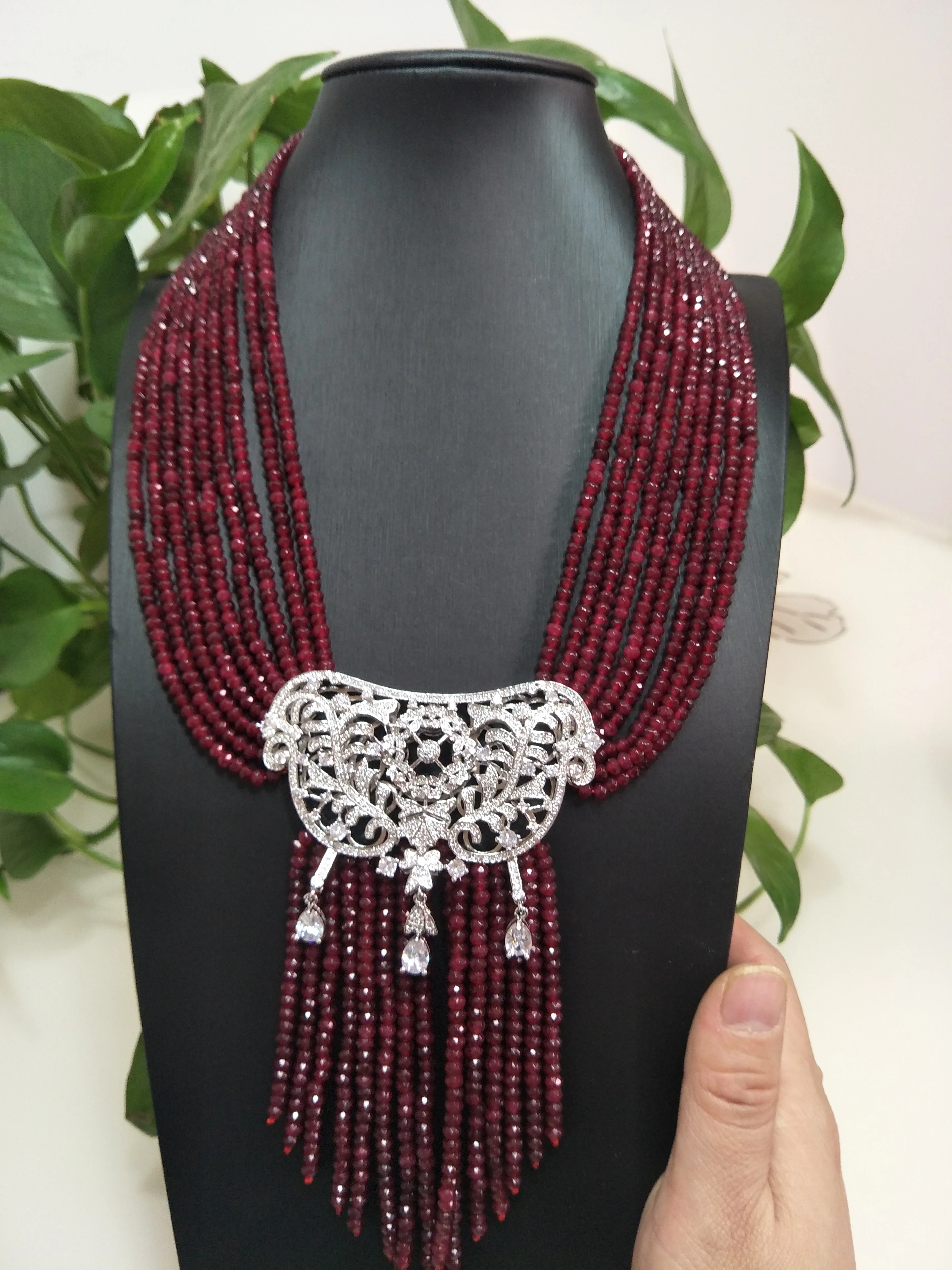 Hot sell new natural 9 rows 2x4mm red stone micro inlay zircon pendant tassel necklace fashion jewelry