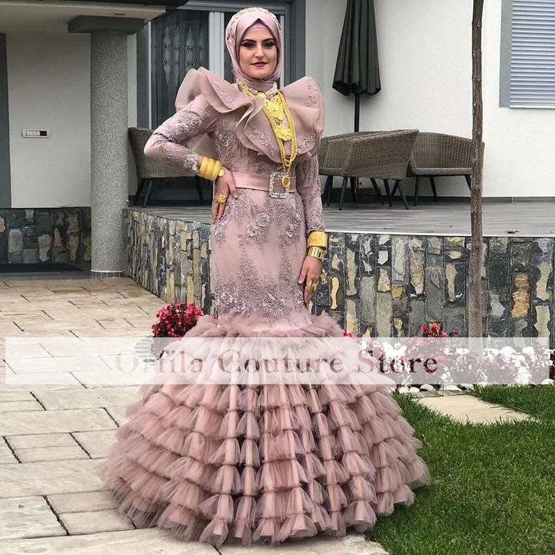 

Pink Prom Dress Mermaid Long Sleeves Muslim Evening Party Gown for Girl Appliques Lace Saudi Arabic Formal Wear