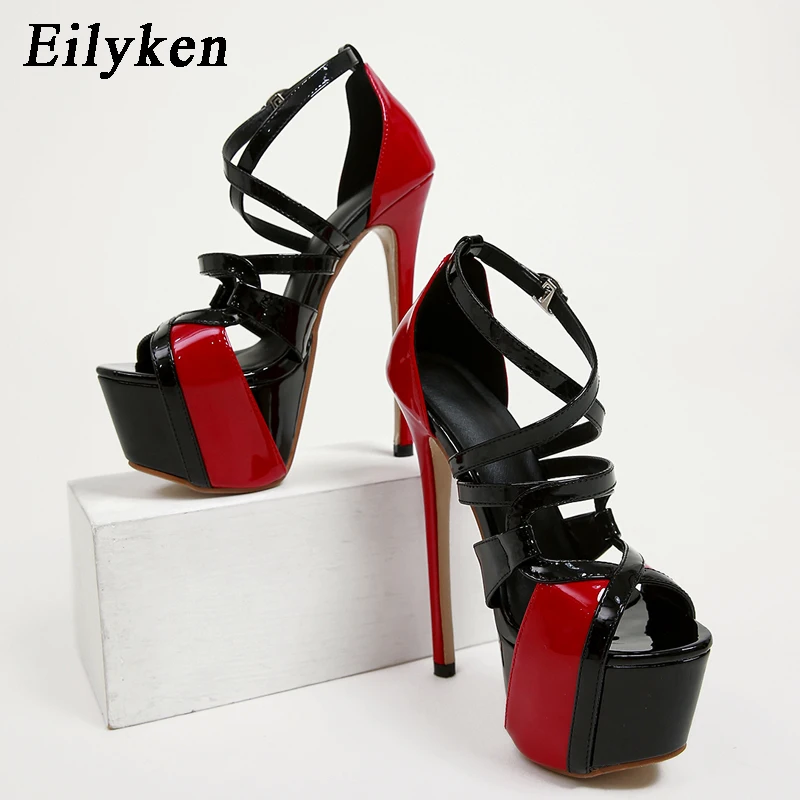 

Eilyken Fashion Open Toe Patent Leather Women Sandals Summer Sexy Platform Super High Heels Buckle Strap Party Stripper Shoes