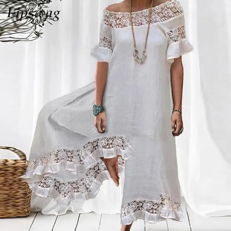 

Summer Patchwork Lace Short Sleeve Playsuit Overall Fashion O Neck Off Shoulder Jumpsuit Women Casual Loose Wide Leg Pant Ropmer