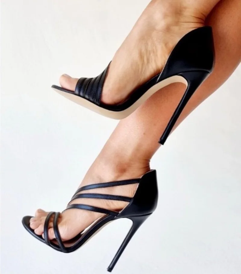 

New Black Strappy Sandals Side Cutouts Open Toe Thin Heels Summer Shoes Hollow Cross Strap Banquet Runway Shoes Plus Size46