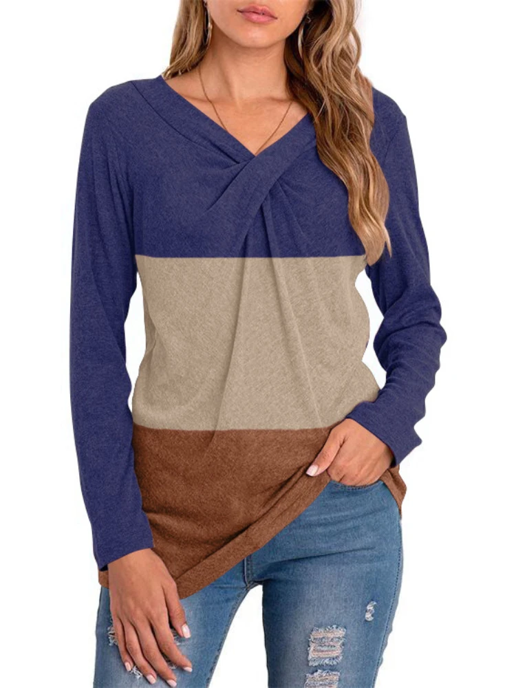 Womens V Neck Long Sleeve Solid Sweatshirt Cross Knot Loose Casual Tops for Autumn