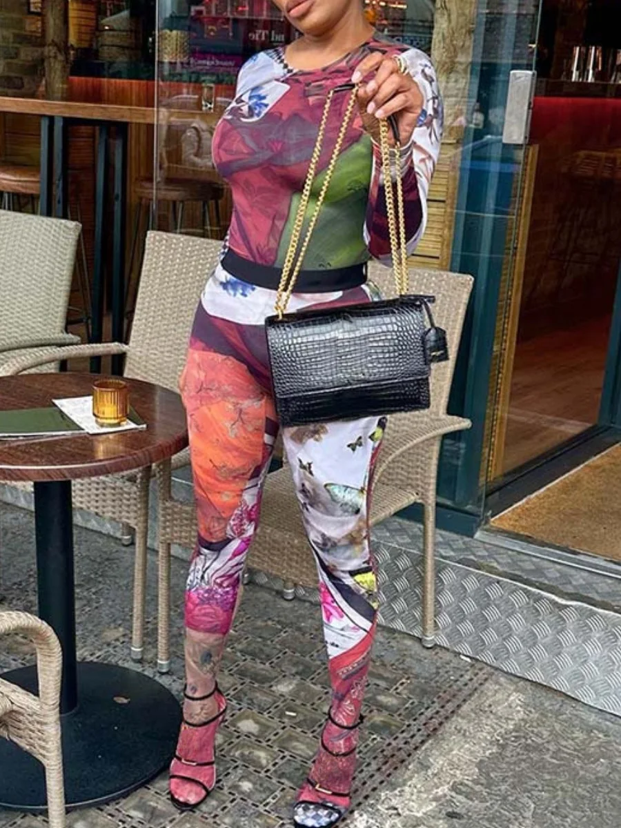 

LW Fall Two Piece Set Floral Print Skinny Pants Set Long Sleeve Top+Jeans Gradient Pattern Print Skinny Pants Set Women Slim set