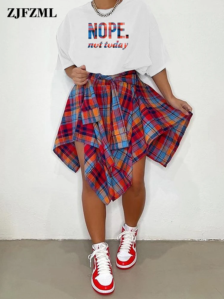 

Women Tracksuit Letter Print Short Sleeve Basic T-shirts and Fake Shirt Irregular Plaid Skirts Vintage Causal 2 Piece Dress Sets