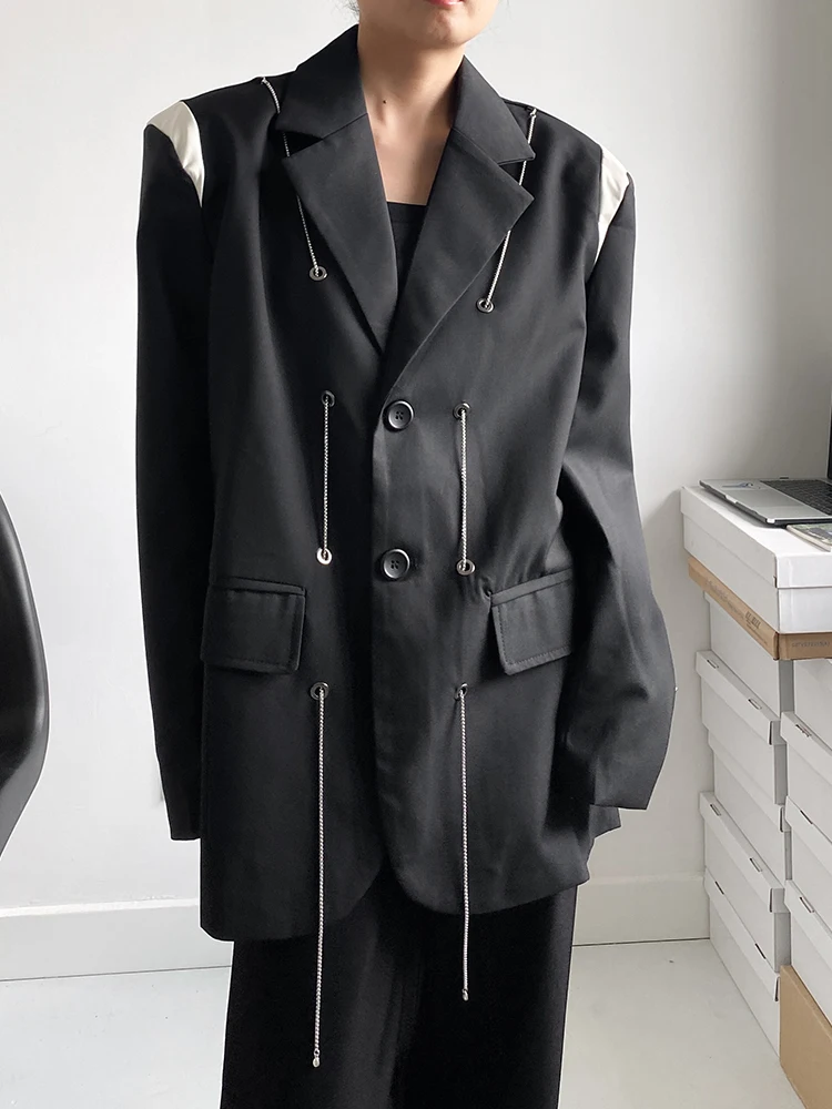 

Tannt Women Blazer Chain Splicing Irregular Fashion Jacket Coats Asymmetry Color Matching Black Long Suit Coats For Women 2023