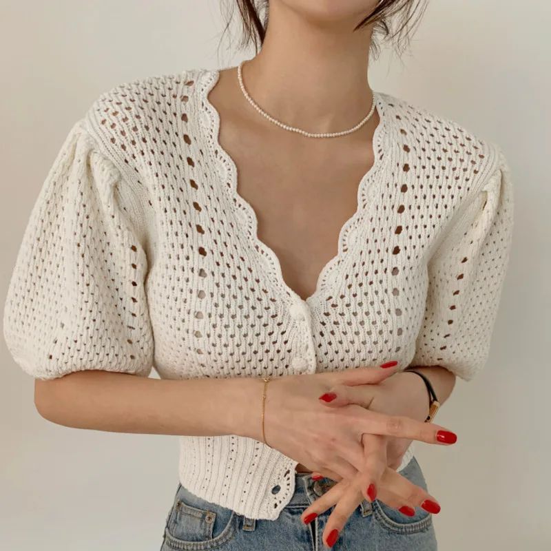 

2022 Summer Casual Knitwear Sweater Puff Sleeve Hollow Out Crochet Flower Cardigan Women Elegant V Neck Slim Knit Crop Top