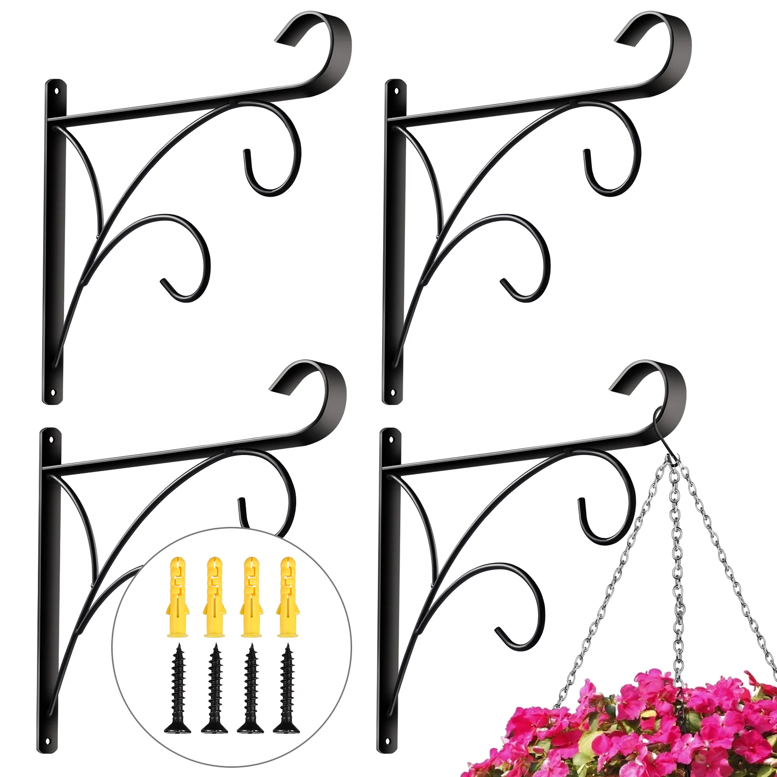 

HOMEMAXS 4 Pack Hanging Brackets Wall Mount Iron Hangers Hooks for Hanging Plants Lantern Bird Feeder Wind Chimes (Simple