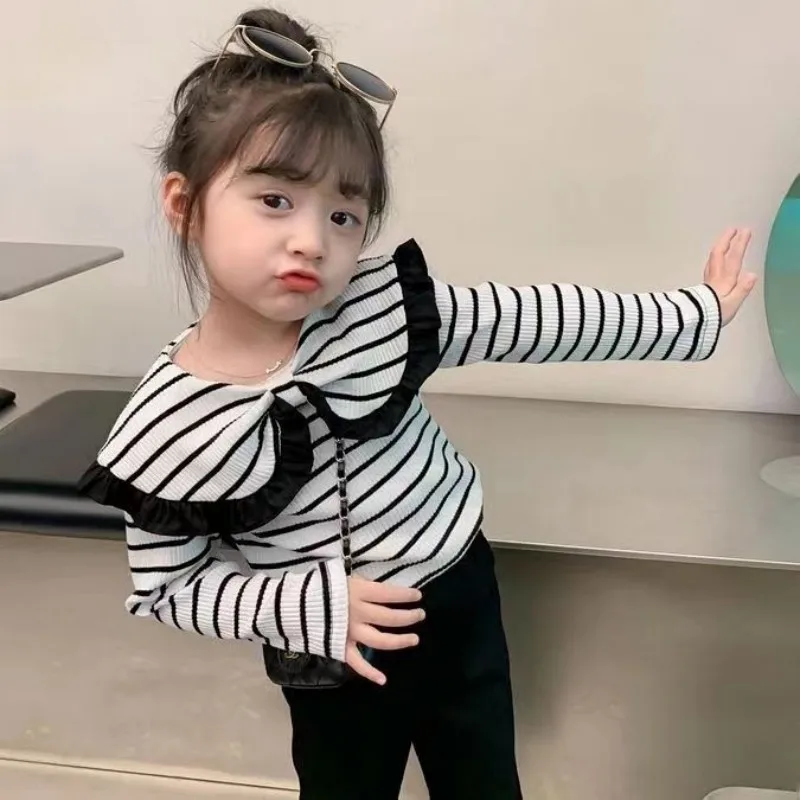 

Children’s Stripe Top Shirt Backing Baby's Spring New Big Bowknot 2023 Top Girls Girls’ Clothing Slim Korean Lapel T-shirt