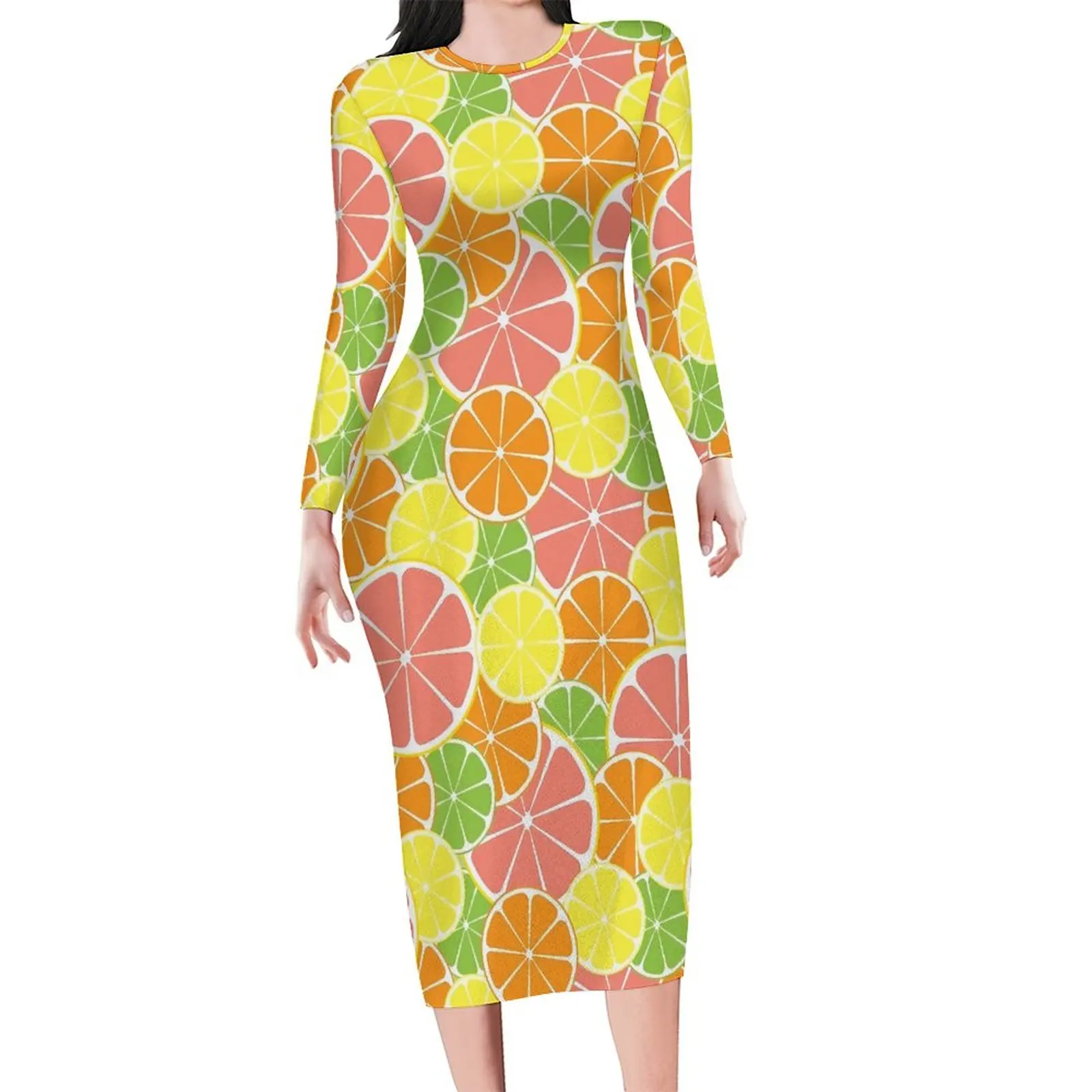 

Платье в уличном стиле с длинным рукавом и цитрусовым принтом