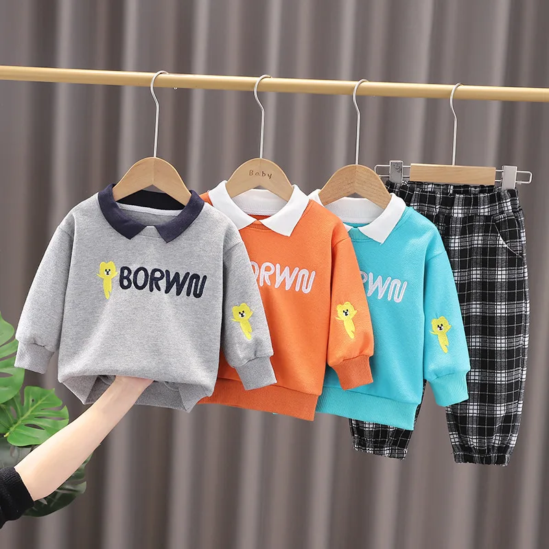 

2022 Autumn Spring New Fashion Baby Boys Clothes Set Toddler Cartoon Sweatshirt+Plaid Pants 2Pcs Kids Infant Cotton Clothing