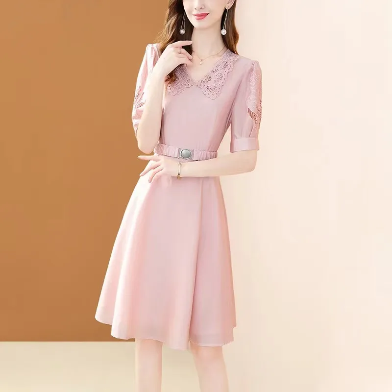 

COIGARSAM Women's Summer Dress 2022 New Embroidery Turn-down Collar Belt Pink Dresses Dropshipping