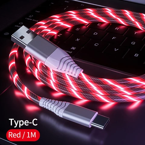 Светящийся светодиодный USB-кабель типа C для IPhone15 Samsung Xiaomi OPPO Huawei, быстрое зарядное устройство, шнур для передачи данных, светодиодный кабель с проточной подсветкой